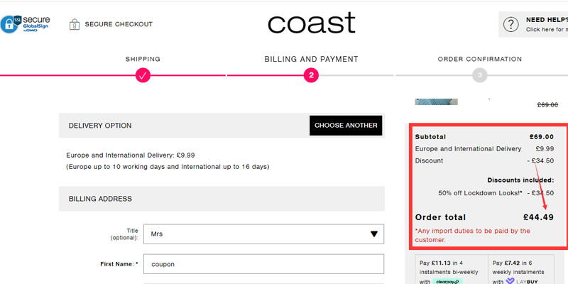 coast discount code free delivery